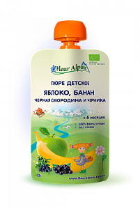 Fleur Alpine Пюре яблоко, банан, черная смородина и черника Organic в упаковке 6 мес 120 г