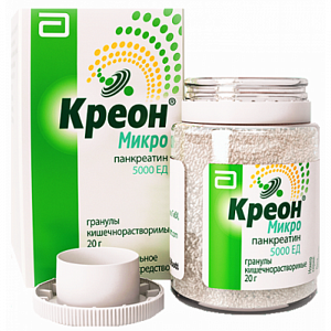 Креон микро гранулы кишечнорастворимые 5000ЕД 20 г флакон с мерной ложкой